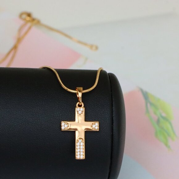"Rose Gold Cross Pendant with Crystal Accents on Polished Surface, XPPT1611 - Picture 5 of 13